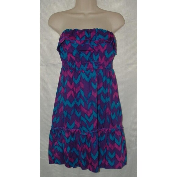 LIKE NEW Multicolored Sz Jr Small 3/5 Strapless Cotton Ruffled Sun Mini Dress OP - Picture 1 of 4